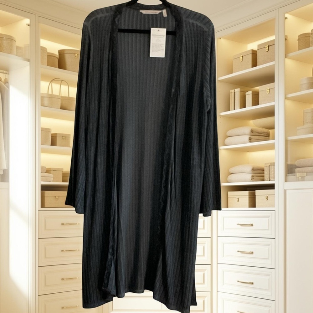 Soft Surroundings charcoal
grey,maxi length,flowy
Open front Cardigan,lace trim - Picture 2 of 8
